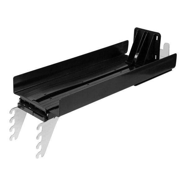 A black metal Retail Space Solutions SpaceGrid II pusher tray with metal legs and clips.