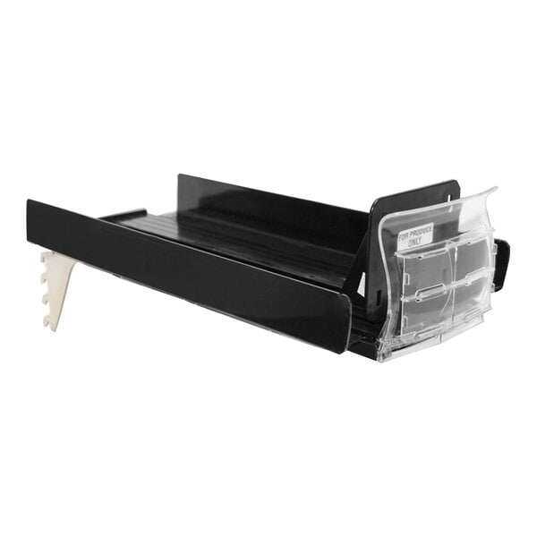 A black metal box with a Retail Space Solutions SpaceGrid DoubleSpace Produce Pusher System inside.