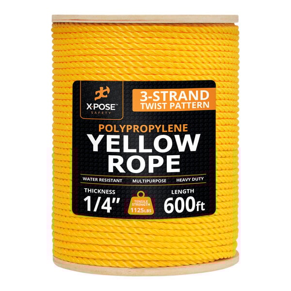 A spool of yellow 1/4 inch thick, 600 foot long polypropylene rope.