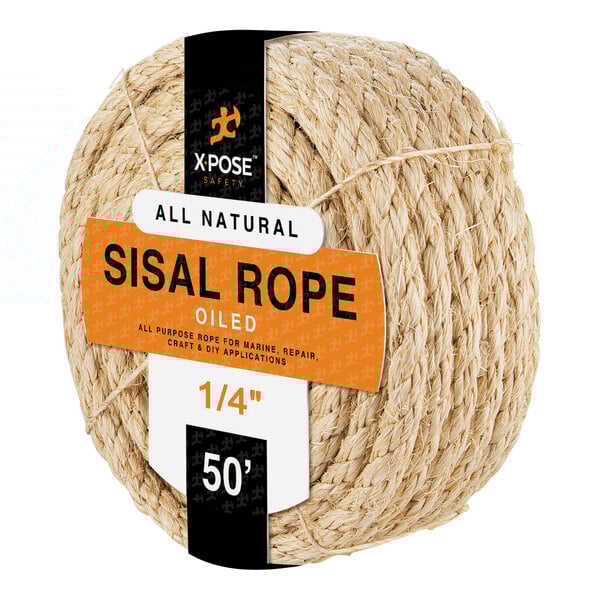 A roll of Xpose Safety Natural Fiber Oiled Agave Sisal Rope with a label.