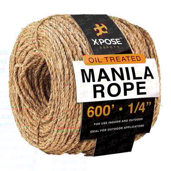 A roll of Xpose Safety Natural Fiber Manila Hemp Rope with a label.