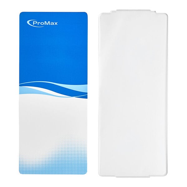 A white rectangular box with a blue and white cover and underlay with a blue and white logo.