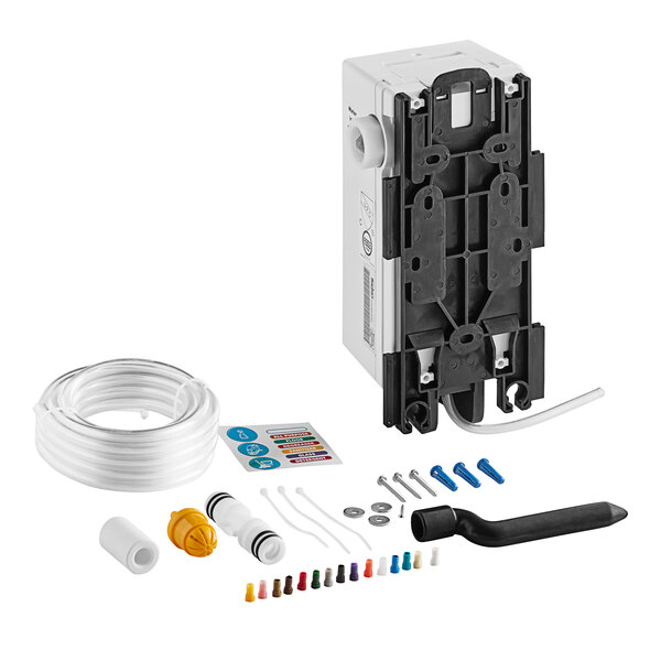 A white cylindrical Seko ProMax wall-mount chemical dilution system with a black and white tube.