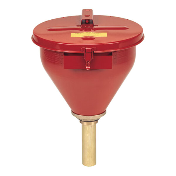 A red Justrite drum funnel with a gold flame arrestor lid.