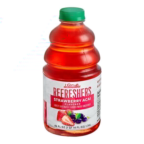 A close up of a bottle of red Dr. Smoothie Strawberry Acai refresher juice.
