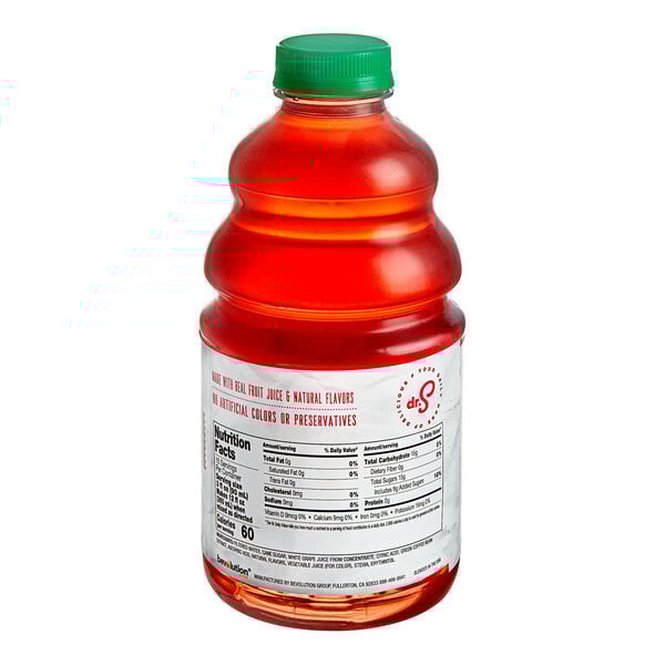 A bottle of Dr. Smoothie Strawberry Acai Refresher juice concentrate with a green cap.