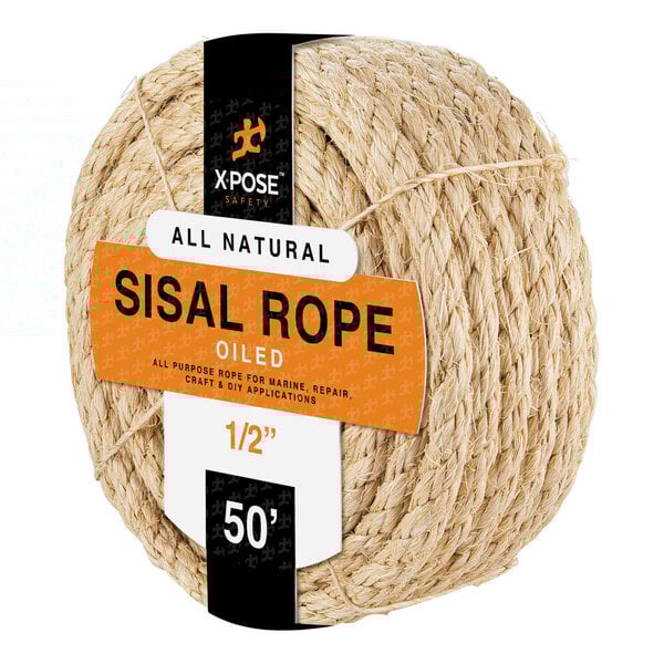 A spool of Xpose Safety Natural Fiber Oiled Agave Sisal Rope with a label.