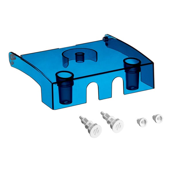 The blue plastic front cover for a Seko chemical dispenser with screws.