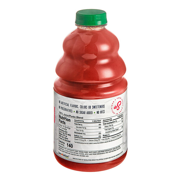 A close-up of a bottle of Dr. Smoothie 100% Crushed Strawberry Banana fruit smoothie mix.