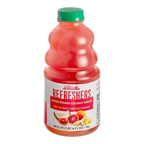 A bottle of Dr. Smoothie Blood Orange Coconut Ginger Refresher juice concentrate.