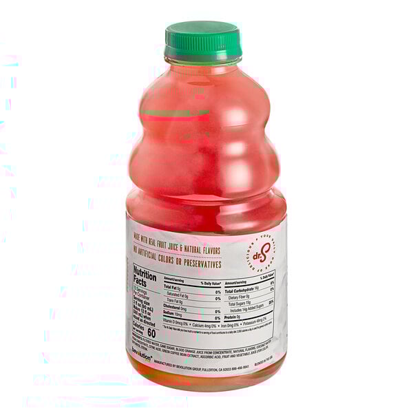 A bottle of Dr. Smoothie Blood Orange Coconut Ginger Refresher juice concentrate.