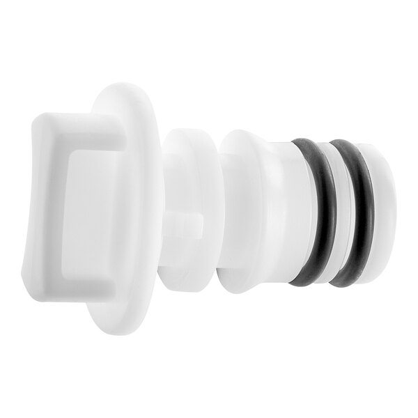 A close-up of a white plastic plug with black rings.