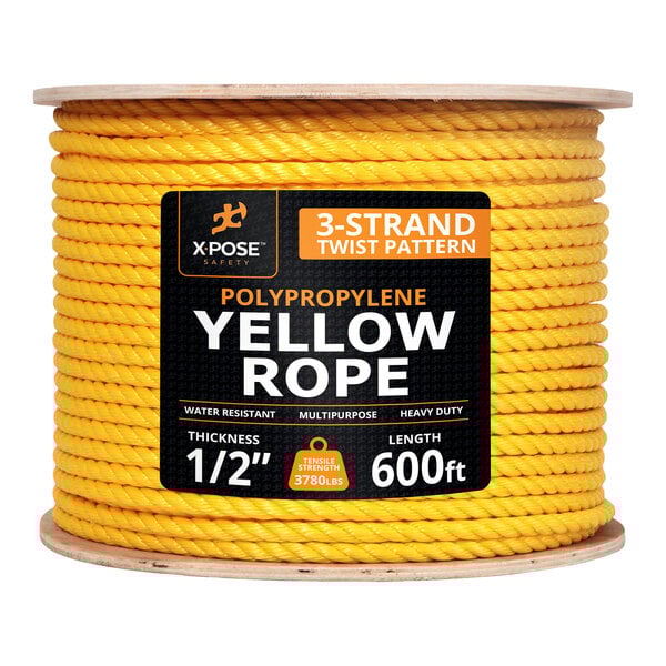 A spool of yellow polypropylene rope with a 1/2 inch thickness and 600 foot length.