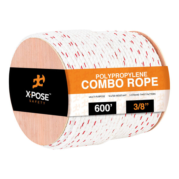 A roll of Xpose white polypropylene combo rope with red and white label.