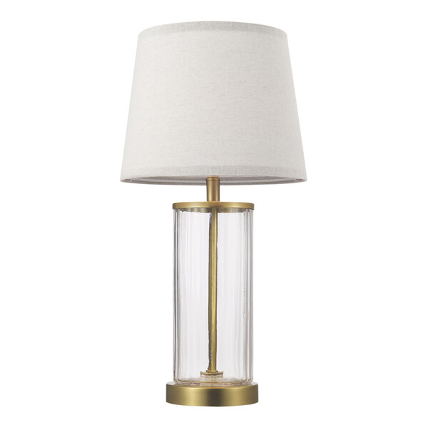 A Globe glass table lamp with a gold base and white shade.