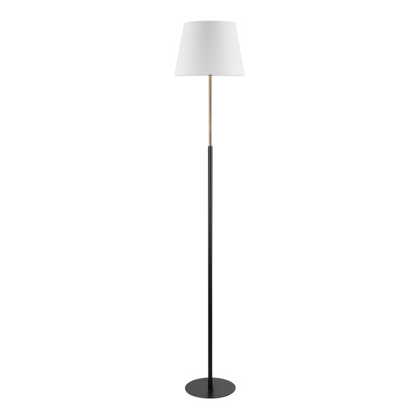 A tall black floor lamp with a white lamp shade.