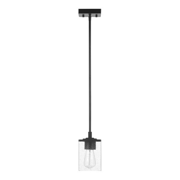 A Globe black pendant light fixture with clear cylindrical seeded glass shade.