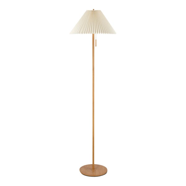 A Globe wood-toned floor lamp with a white shade.