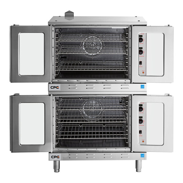 A double deck full size electric convection oven with both doors open, showing multiple wire racks inside each compartment.