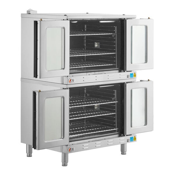 A double deck, full size electric convection oven with glass doors and multiple wire racks.