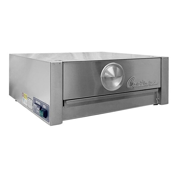 A stainless steel Cretors High Roller hot dog bun warmer with a lid.