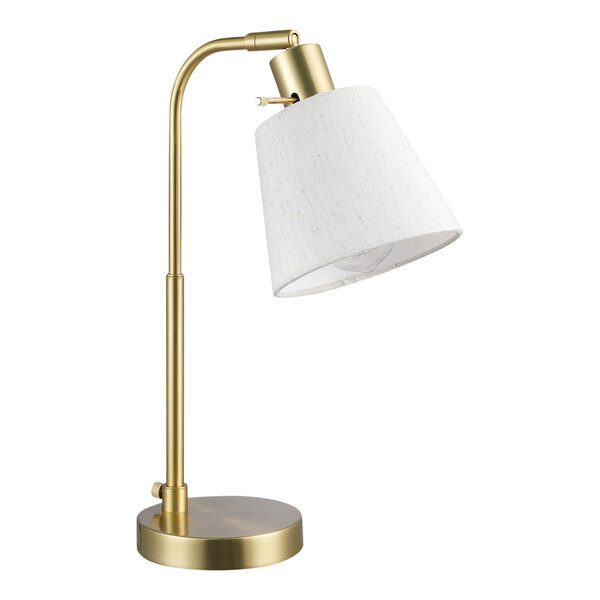 A Globe Modern Matte Brass desk lamp with a white shade.