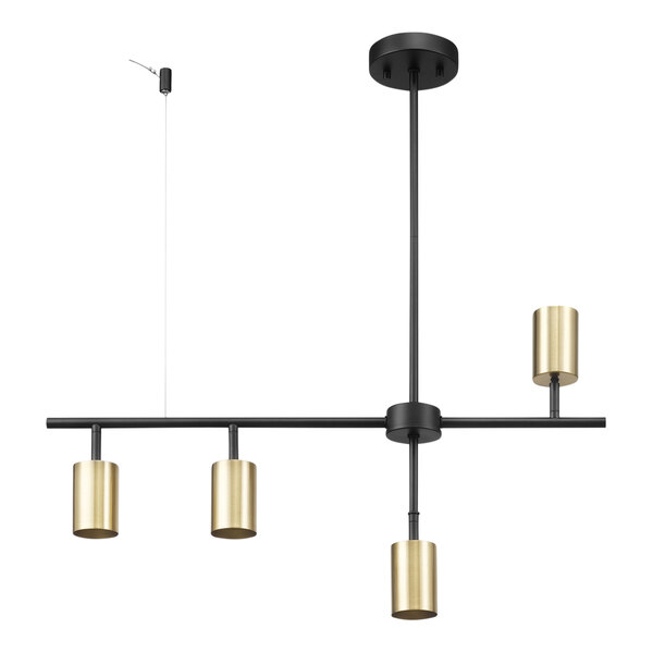 A matte black metal pendant with three matte brass Globe track lights hanging.