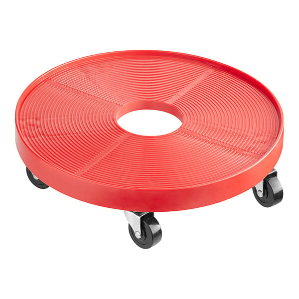 A red circular Micro Matic keg dolly wheel with black casters.