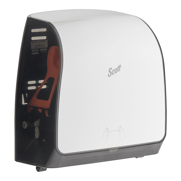 A white and black Scott Slimroll wall mount paper towel dispenser.