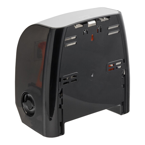 A black rectangular Scott Slimroll wall mount paper towel dispenser with a round button on it.