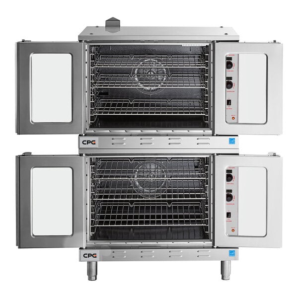 A double deck, full size electric convection oven with both doors open, showing multiple wire racks inside each compartment.