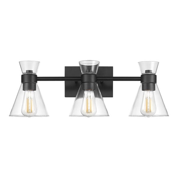 A Globe 3-light matte black vanity light with clear glass shades on a white background.