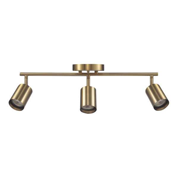 A Globe matte brass track light fixture with three pivoting cylindrical spotlights.