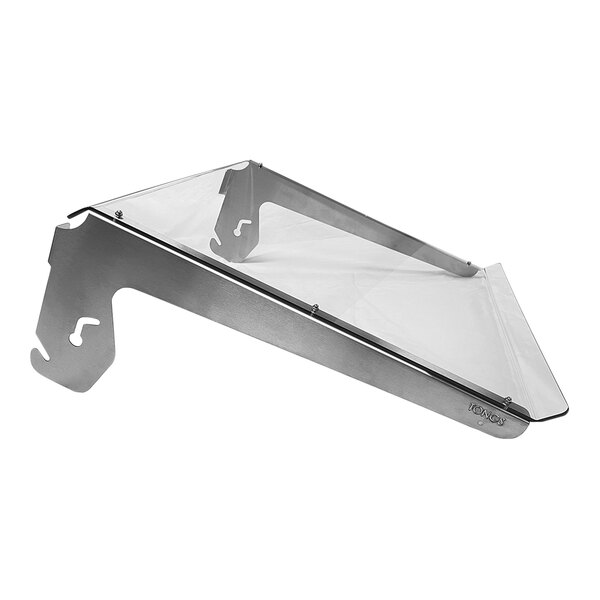 A silver metal rectangular sneeze guard with clear glass panels.