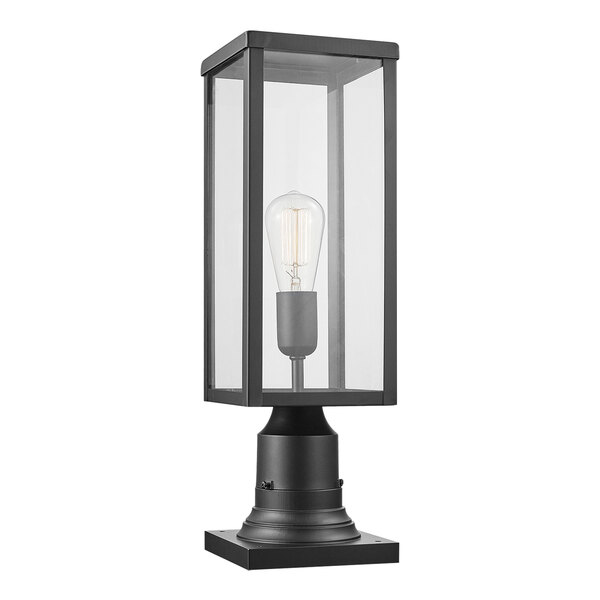 A Globe matte black outdoor post mount light with clear glass shade.