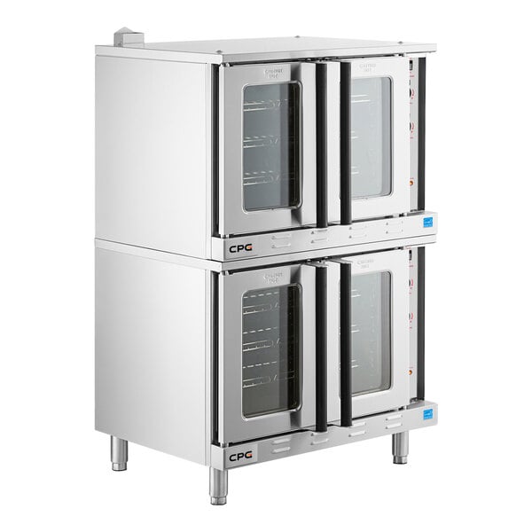 A double deck, full size electric convection oven with glass doors and stainless steel exterior.