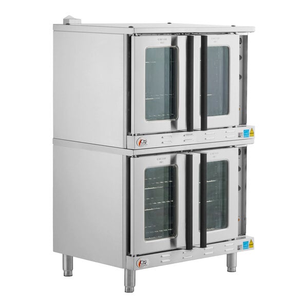A double deck, full size electric convection oven with glass doors and stainless steel exterior.