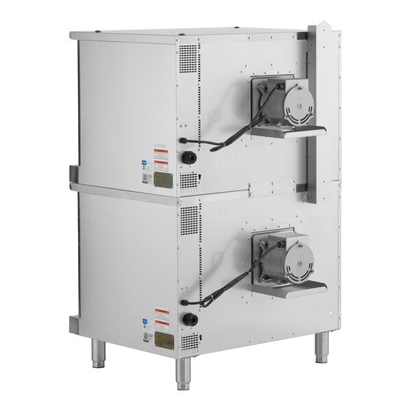 A double deck standard depth full size electric convection oven with a stainless steel exterior and two stacked compartments.