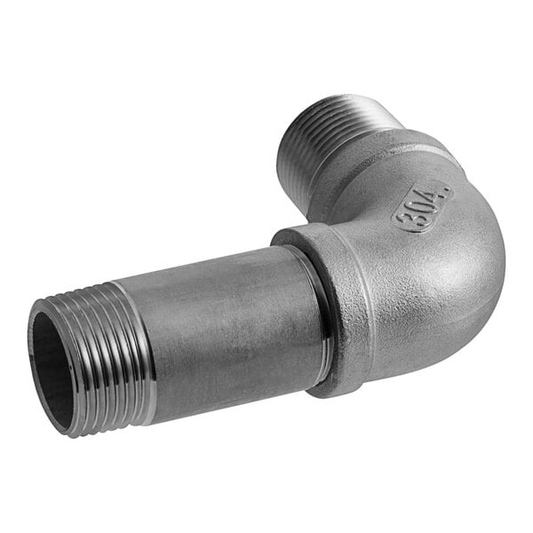 A stainless steel elbow hose connection with a threaded nozzle.