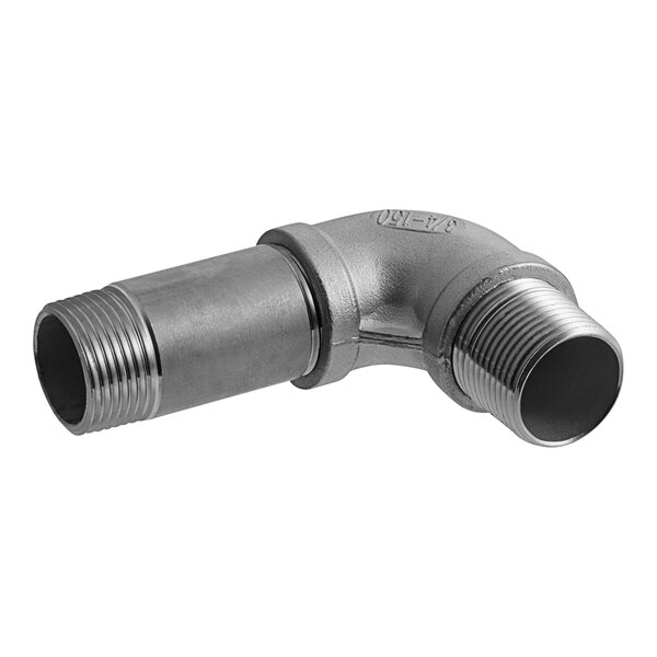 A stainless steel elbow hose connection with a threaded nozzle.