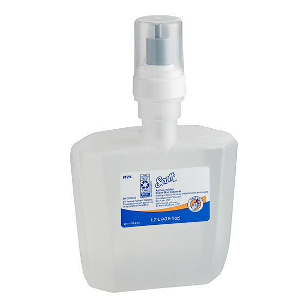 A Scott plastic bottle of antimicrobial foaming hand sanitizer with a spray pump.