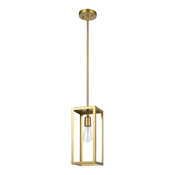 A long gold pole with a Globe matte brass pendant light and open rectangular shade over a table.