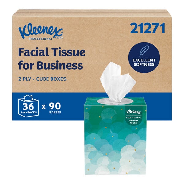 A case of Kleenex Professional Comfort Touch 2-ply facial tissue cubes, each containing 90 sheets, with 36 packs per case.