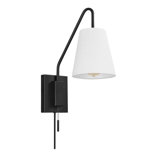 A Globe Lofty Chic black wall sconce with a white shade on a white background.