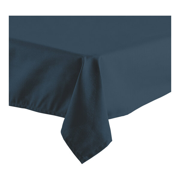 A close-up of a navy blue Oxford table cover with a folded edge.