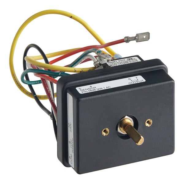 A black Cres Cor thermostat with colorful wires and a yellow wire.