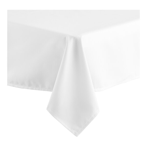 A white rectangular hemmed cloth table cover on a white surface.