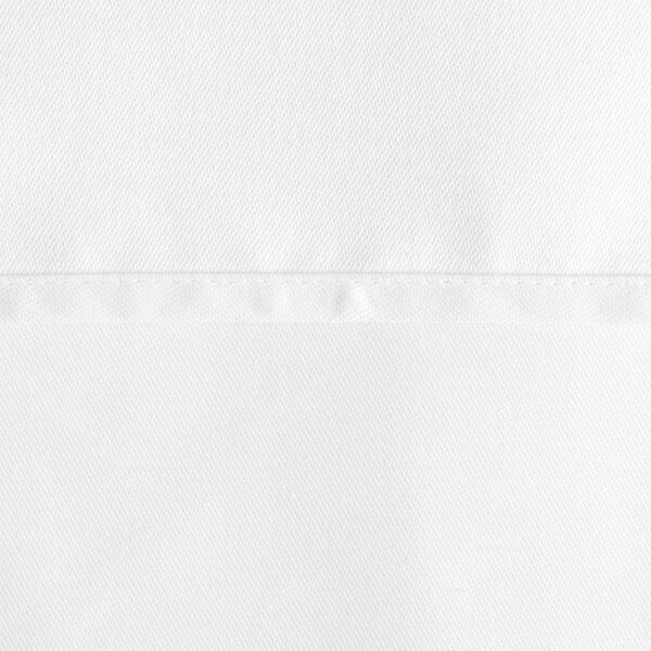 A close up of a white Oxford fabric table cover with a white satin band.