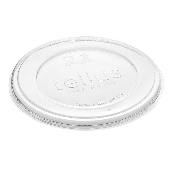 A clear plastic round vented lid with the words "Tellus Products" on it.