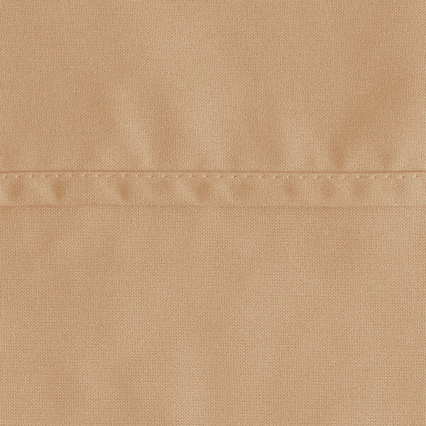 A close-up of a sandalwood Oxford cloth table cover with hemmed edges.